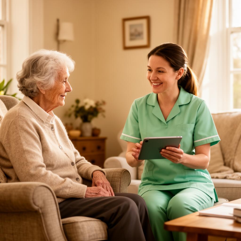 A carer attentively talking with an elderly woman seated in a cosy living room